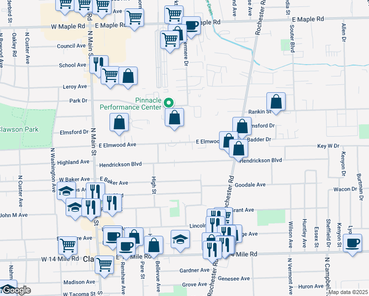 map of restaurants, bars, coffee shops, grocery stores, and more near 521 Hendrickson Boulevard in Clawson