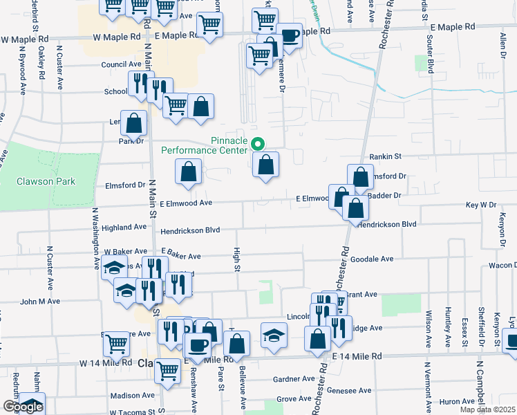 map of restaurants, bars, coffee shops, grocery stores, and more near 832 High Street in Clawson