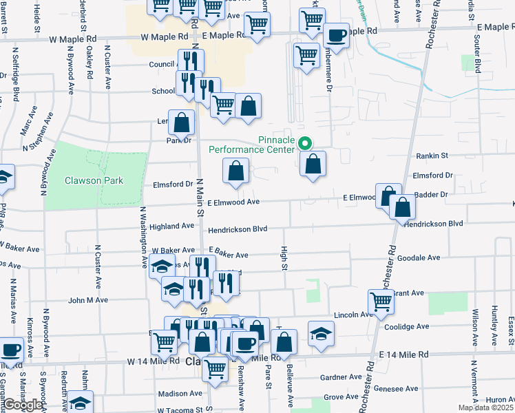 map of restaurants, bars, coffee shops, grocery stores, and more near 225 Hendrickson Boulevard in Clawson