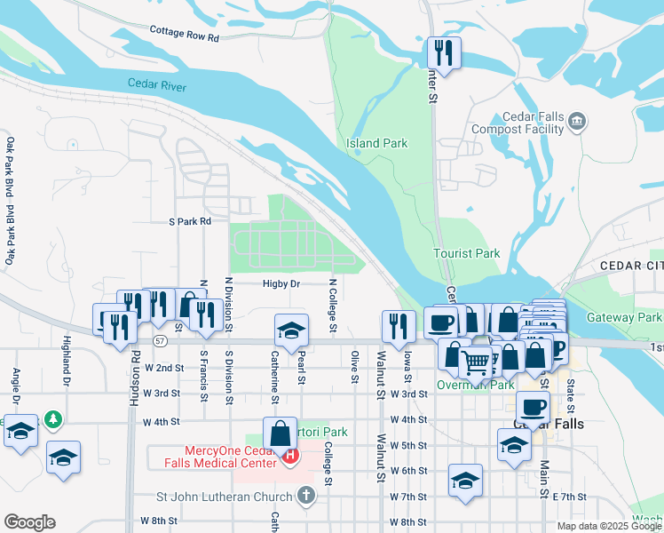 map of restaurants, bars, coffee shops, grocery stores, and more near 317 North College Street in Cedar Falls
