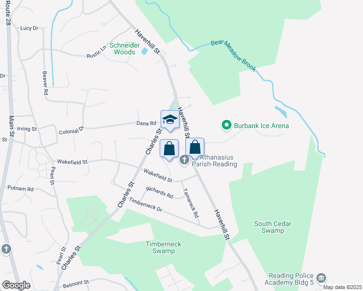 map of restaurants, bars, coffee shops, grocery stores, and more near 320 Haverhill Street in Reading