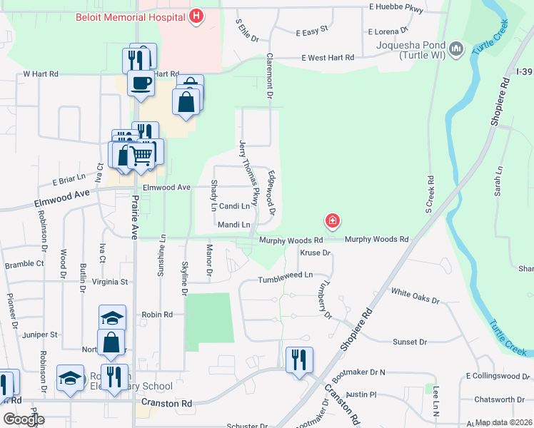 map of restaurants, bars, coffee shops, grocery stores, and more near 2505 Edgewood Drive in Beloit