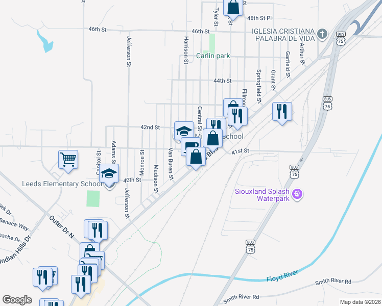 map of restaurants, bars, coffee shops, grocery stores, and more near 3800 41st Street in Sioux City