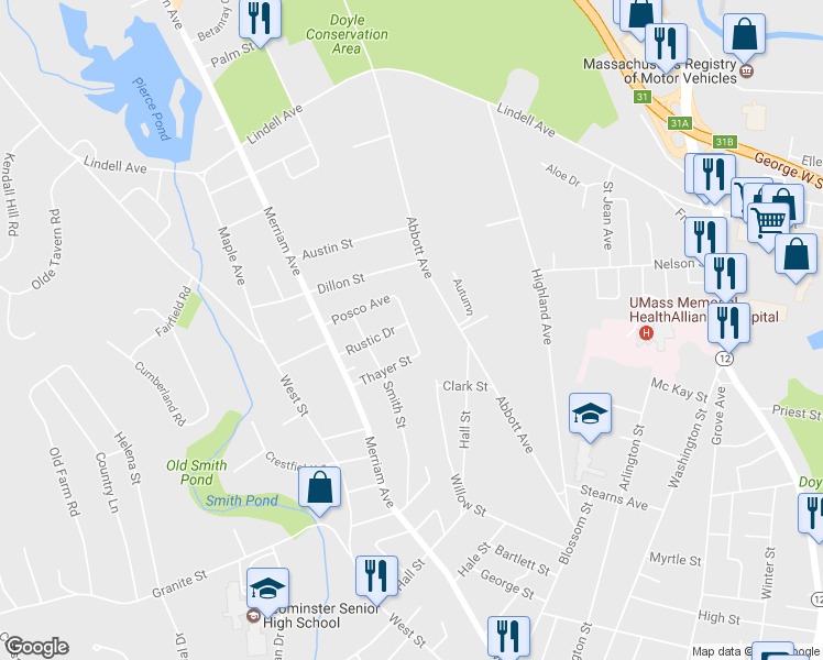 map of restaurants, bars, coffee shops, grocery stores, and more near 74 Posco Avenue in Leominster