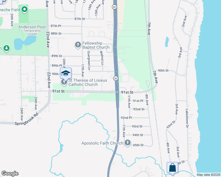 map of restaurants, bars, coffee shops, grocery stores, and more near 1406 91st Street in Kenosha