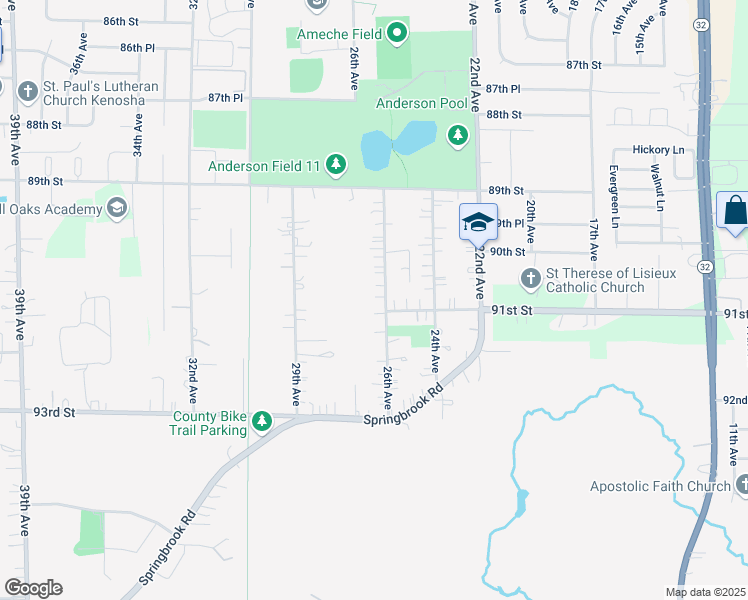 map of restaurants, bars, coffee shops, grocery stores, and more near 2517 91st Street in Kenosha