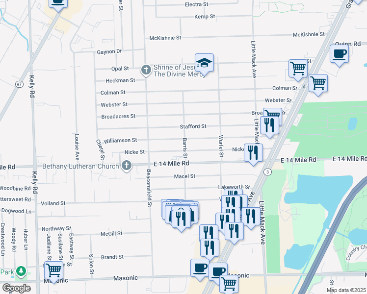 map of restaurants, bars, coffee shops, grocery stores, and more near 19864 Nicke Street in Clinton Township