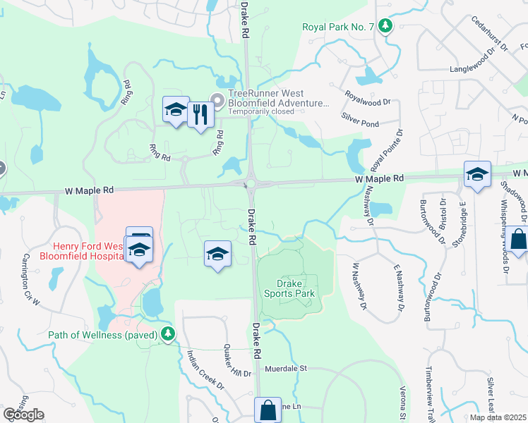 map of restaurants, bars, coffee shops, grocery stores, and more near 6925 Drake Road in West Bloomfield Township