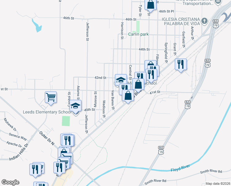 map of restaurants, bars, coffee shops, grocery stores, and more near 3800-3846 41st Street in Sioux City