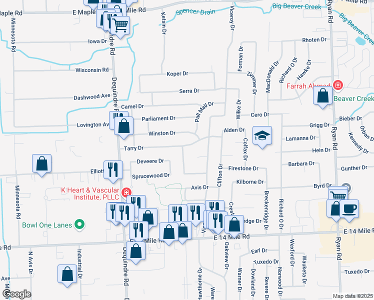 map of restaurants, bars, coffee shops, grocery stores, and more near 33755 Newport Drive in Sterling Heights