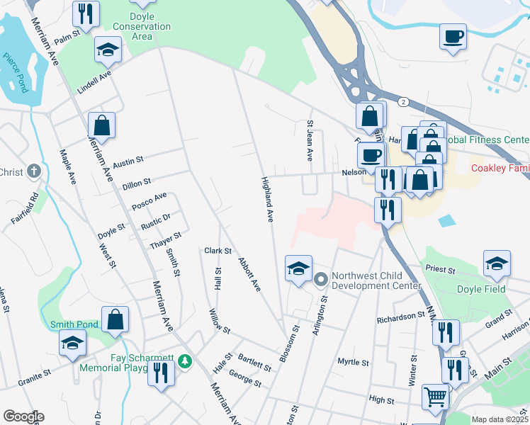 map of restaurants, bars, coffee shops, grocery stores, and more near 130 Highland Avenue in Leominster