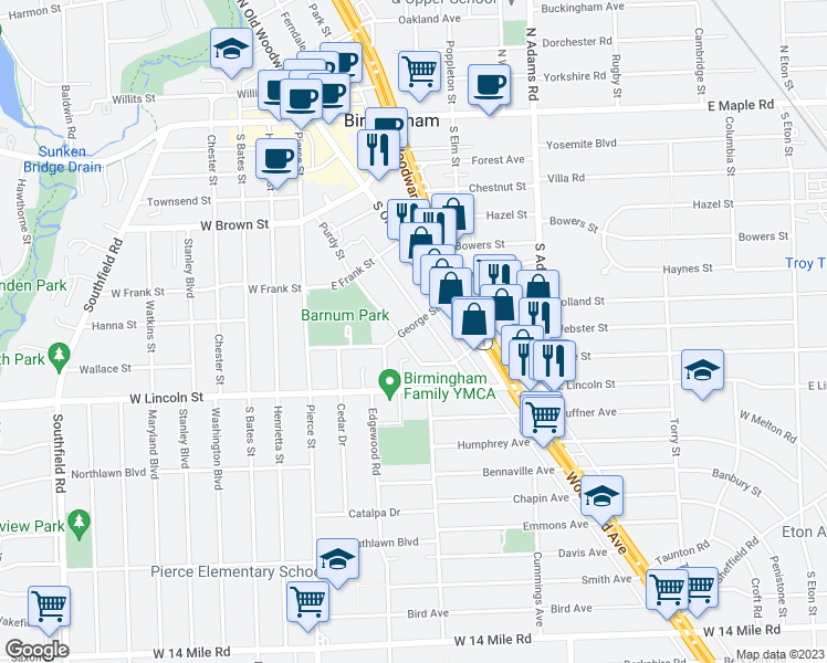 map of restaurants, bars, coffee shops, grocery stores, and more near 540 George Street in Birmingham