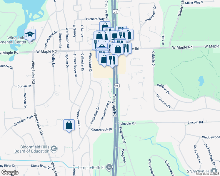 map of restaurants, bars, coffee shops, grocery stores, and more near 6790 Telegraph Road in Bloomfield Hills