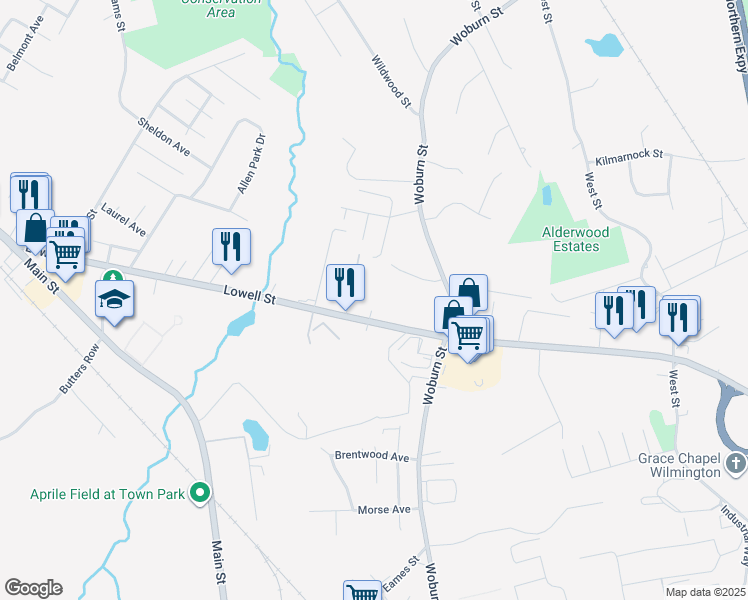 map of restaurants, bars, coffee shops, grocery stores, and more near 162-200 Lowell St in Wilmington