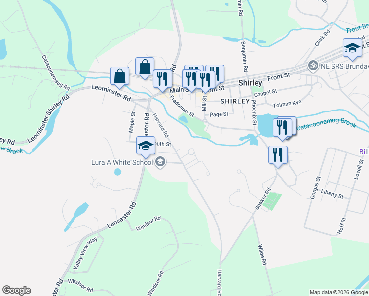map of restaurants, bars, coffee shops, grocery stores, and more near in Shirley