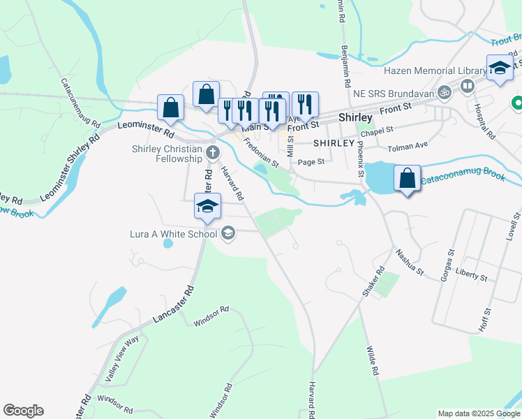 map of restaurants, bars, coffee shops, grocery stores, and more near in Shirley