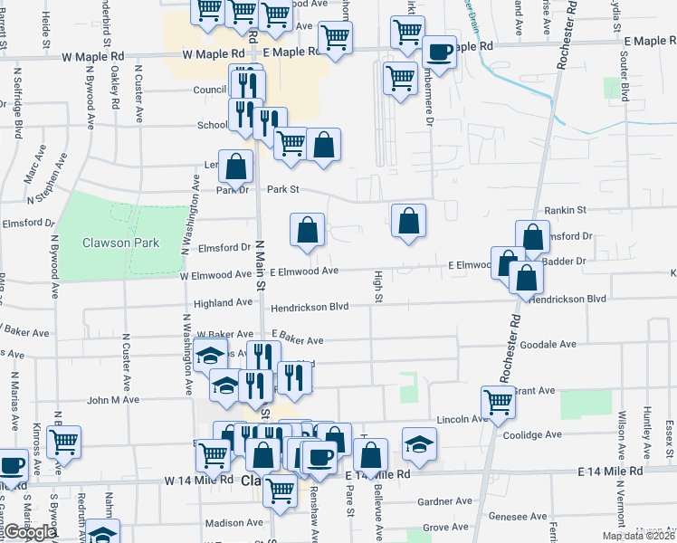 map of restaurants, bars, coffee shops, grocery stores, and more near 101 John M Avenue in Clawson