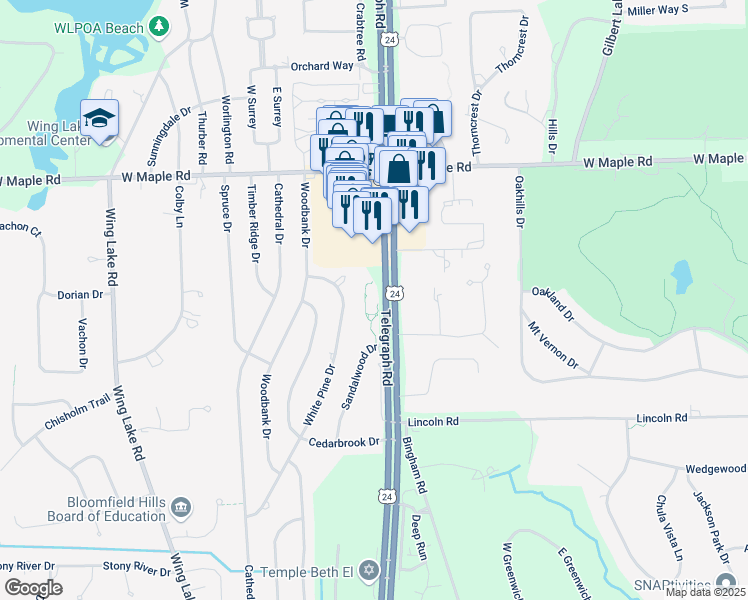 map of restaurants, bars, coffee shops, grocery stores, and more near 6777 White Pine Drive in Bloomfield Hills