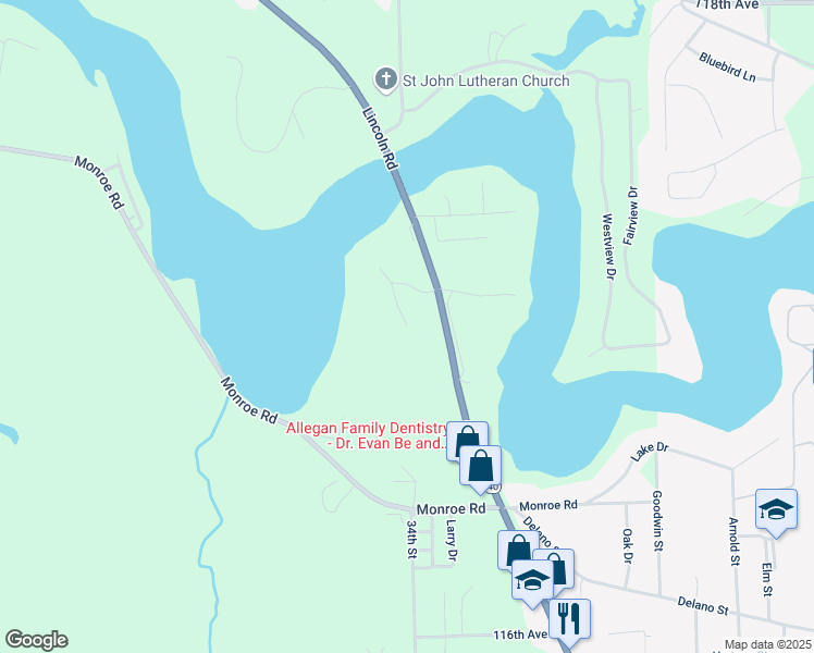map of restaurants, bars, coffee shops, grocery stores, and more near 1698 River Ridge Court in Allegan