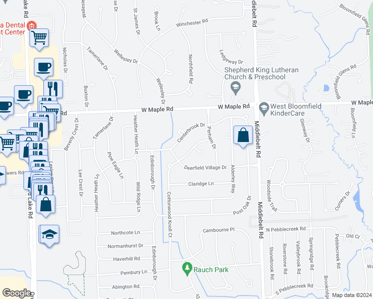 map of restaurants, bars, coffee shops, grocery stores, and more near 6672 Cottonwood Knoll in West Bloomfield Township