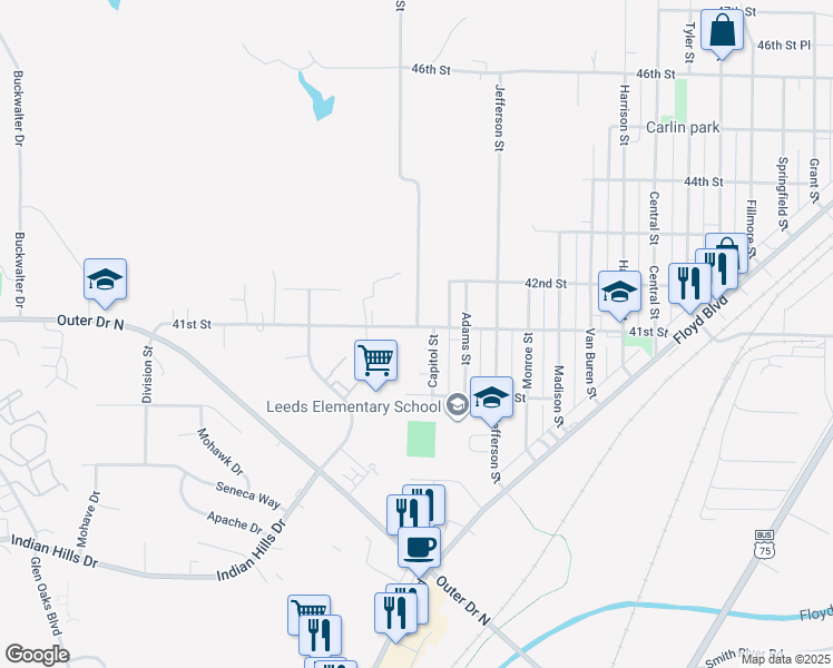 map of restaurants, bars, coffee shops, grocery stores, and more near 3132 41st Street in Sioux City