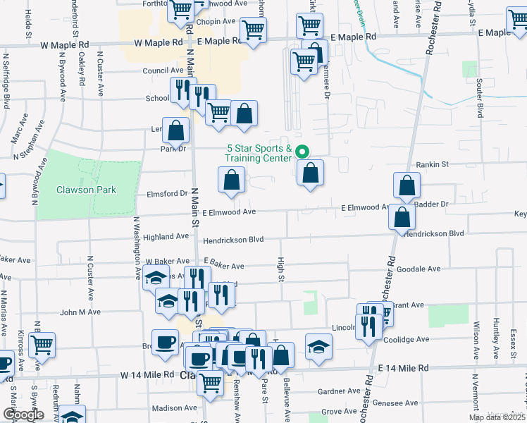 map of restaurants, bars, coffee shops, grocery stores, and more near 290 East Elmwood Avenue in Clawson