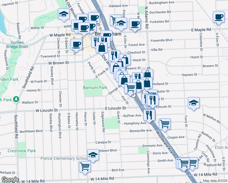 map of restaurants, bars, coffee shops, grocery stores, and more near 932 Purdy Street in Birmingham