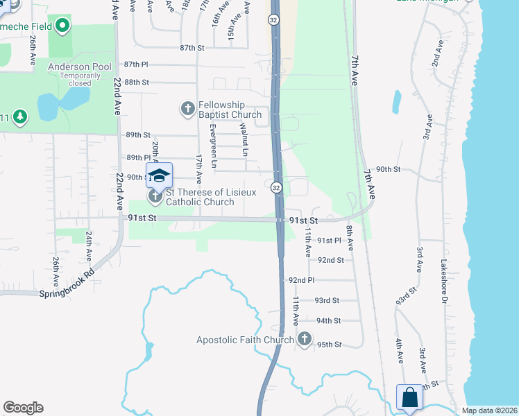 map of restaurants, bars, coffee shops, grocery stores, and more near 1410 91st Street in Kenosha