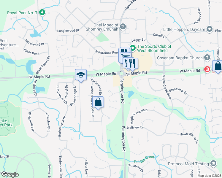 map of restaurants, bars, coffee shops, grocery stores, and more near 6511 Leigh Hollow Drive in West Bloomfield Township