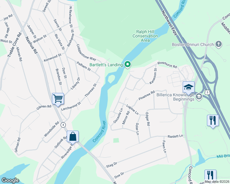 map of restaurants, bars, coffee shops, grocery stores, and more near 37 Ossamequin Road in Billerica