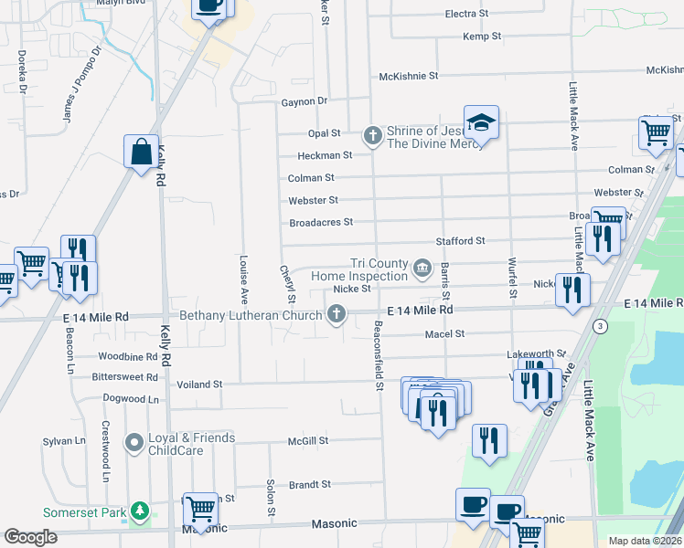 map of restaurants, bars, coffee shops, grocery stores, and more near 19542 Stafford Street in Clinton Township