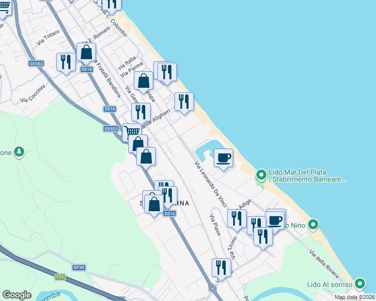 map of restaurants, bars, coffee shops, grocery stores, and more near 54B Via Leonardo da Vinci in Silvi