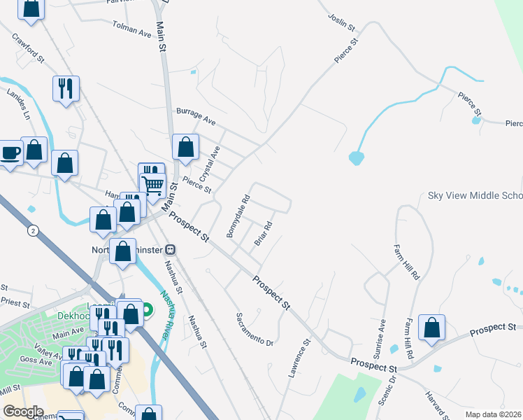 map of restaurants, bars, coffee shops, grocery stores, and more near 58 Cloverleaf Road in Leominster