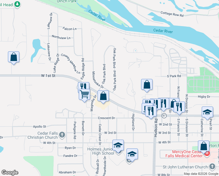 map of restaurants, bars, coffee shops, grocery stores, and more near 510 Oak Park Blvd in Cedar Falls