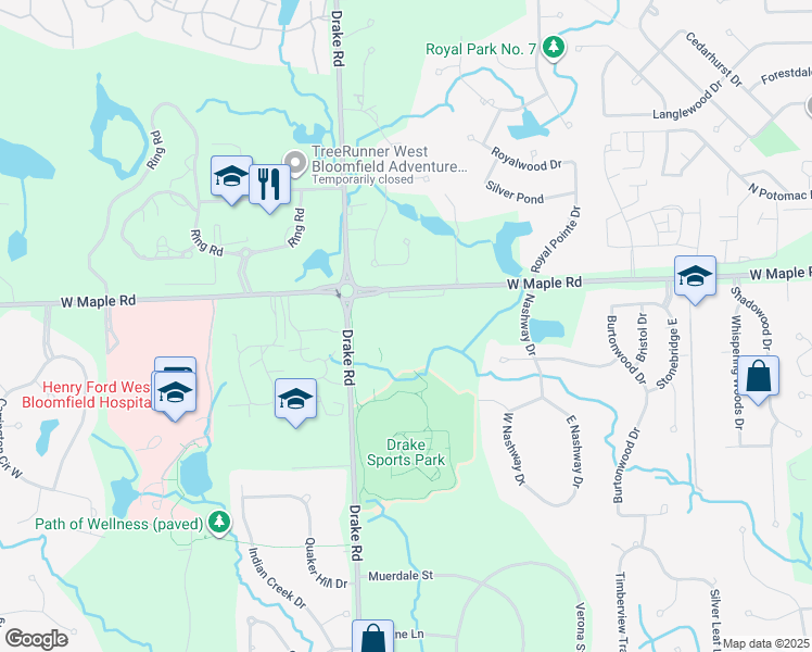 map of restaurants, bars, coffee shops, grocery stores, and more near 6445 West Maple Road in West Bloomfield Township