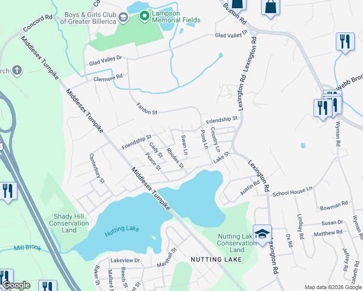 map of restaurants, bars, coffee shops, grocery stores, and more near 8 Swan Lane in Billerica