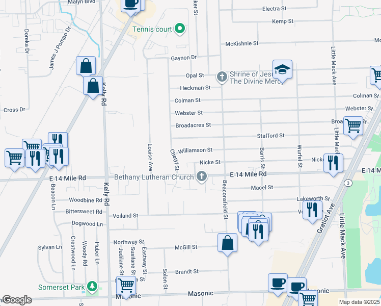 map of restaurants, bars, coffee shops, grocery stores, and more near 19406 Stafford Street in Clinton Township