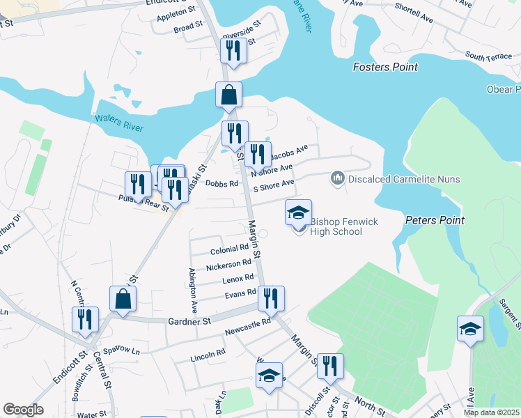 map of restaurants, bars, coffee shops, grocery stores, and more near 1 South Shore Avenue in Peabody