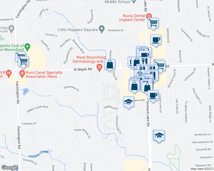 map of restaurants, bars, coffee shops, grocery stores, and more near 6626 Hearthside Court in West Bloomfield Township
