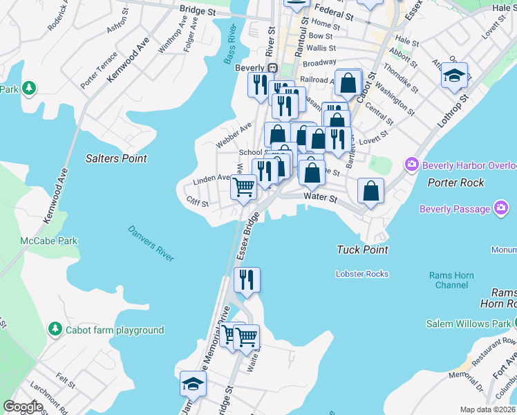 map of restaurants, bars, coffee shops, grocery stores, and more near 8 Cabot Street in Beverly