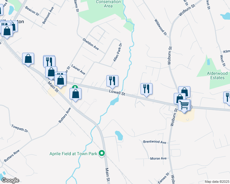 map of restaurants, bars, coffee shops, grocery stores, and more near 110 Lowell Street in Wilmington