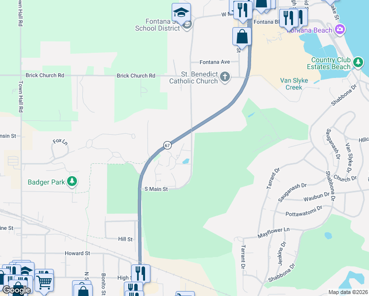 map of restaurants, bars, coffee shops, grocery stores, and more near 960 Alpine Circle in Fontana-on-Geneva Lake
