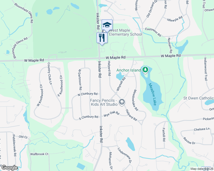 map of restaurants, bars, coffee shops, grocery stores, and more near 6700 Halyard Road in Bloomfield Hills