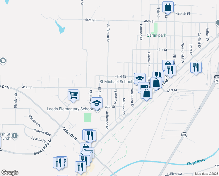 map of restaurants, bars, coffee shops, grocery stores, and more near 4100 Jefferson Street in Sioux City