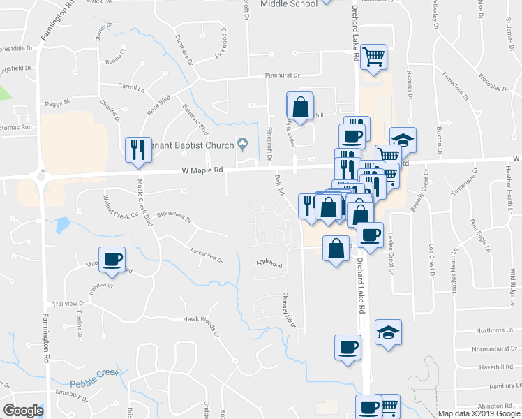 map of restaurants, bars, coffee shops, grocery stores, and more near 6630 Hearthside Court in West Bloomfield Township