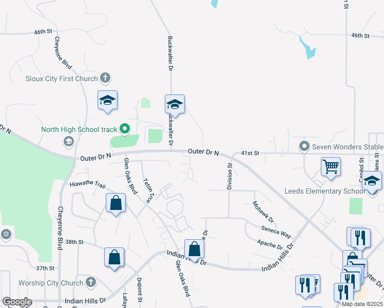 map of restaurants, bars, coffee shops, grocery stores, and more near 1951-2053 Outer Drive North in Sioux City