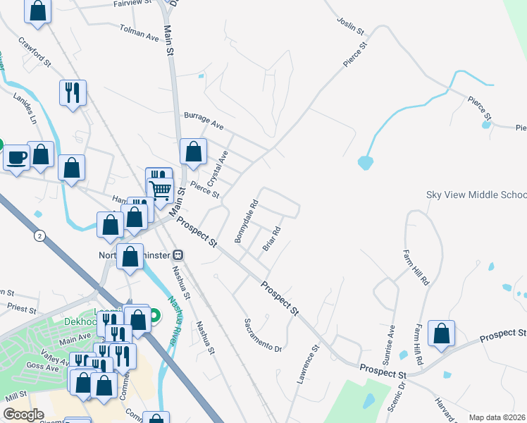 map of restaurants, bars, coffee shops, grocery stores, and more near 124 Bonnydale Road in Leominster