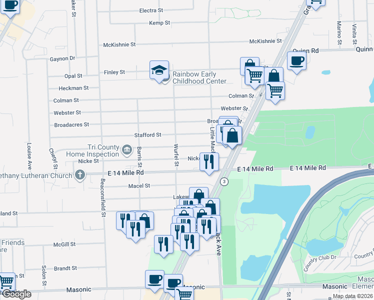 map of restaurants, bars, coffee shops, grocery stores, and more near 20455 Williamson Street in Clinton Township