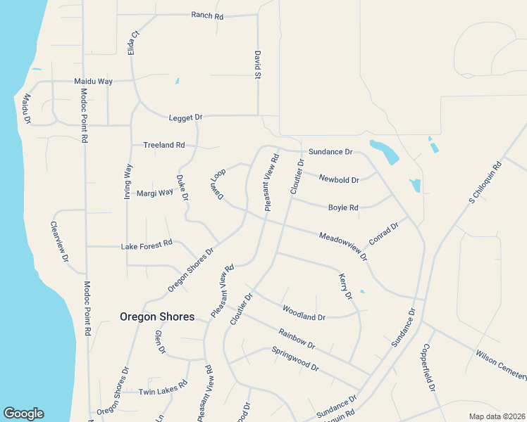 map of restaurants, bars, coffee shops, grocery stores, and more near Pleasant View Road in Chiloquin