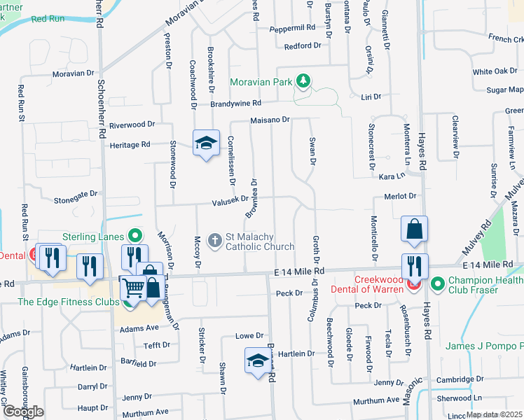 map of restaurants, bars, coffee shops, grocery stores, and more near 33392 Brownlea Drive in Sterling Heights